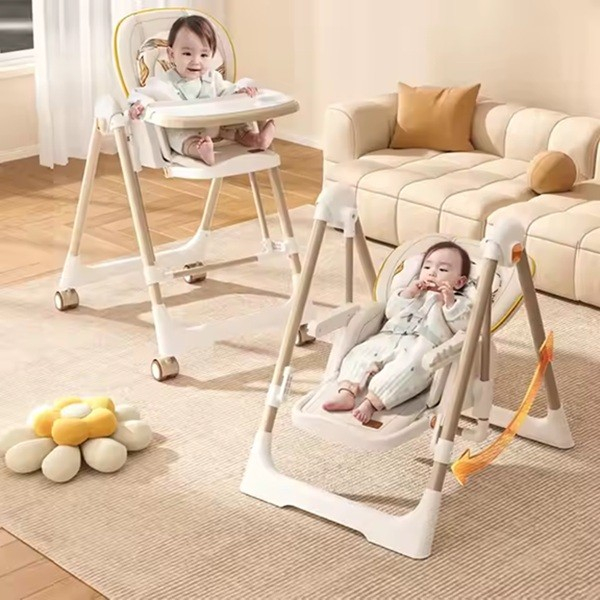 Scaun de masa 2in1, pentru copii 6 luni - 4 ani, pliabil, cu roti, balansoar, leagan, reglabil, tava de masa dubla, centura in 5 puncte, 96 x 56 x 76 cm, sampanie [3]