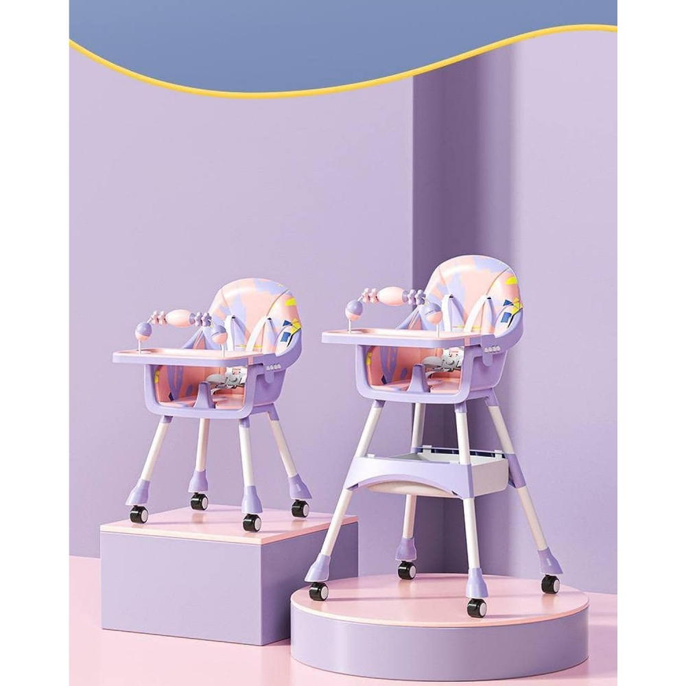 Scaun de masa 2in1, pentru copii de la 6 luni - 5 ani, inaltime reglabila, centura in 5 puncte, tava de masa, roti cu frana, cos depozitare, jucarie inclusa, 94 x 78 x 60 cm, roz/mov [4]