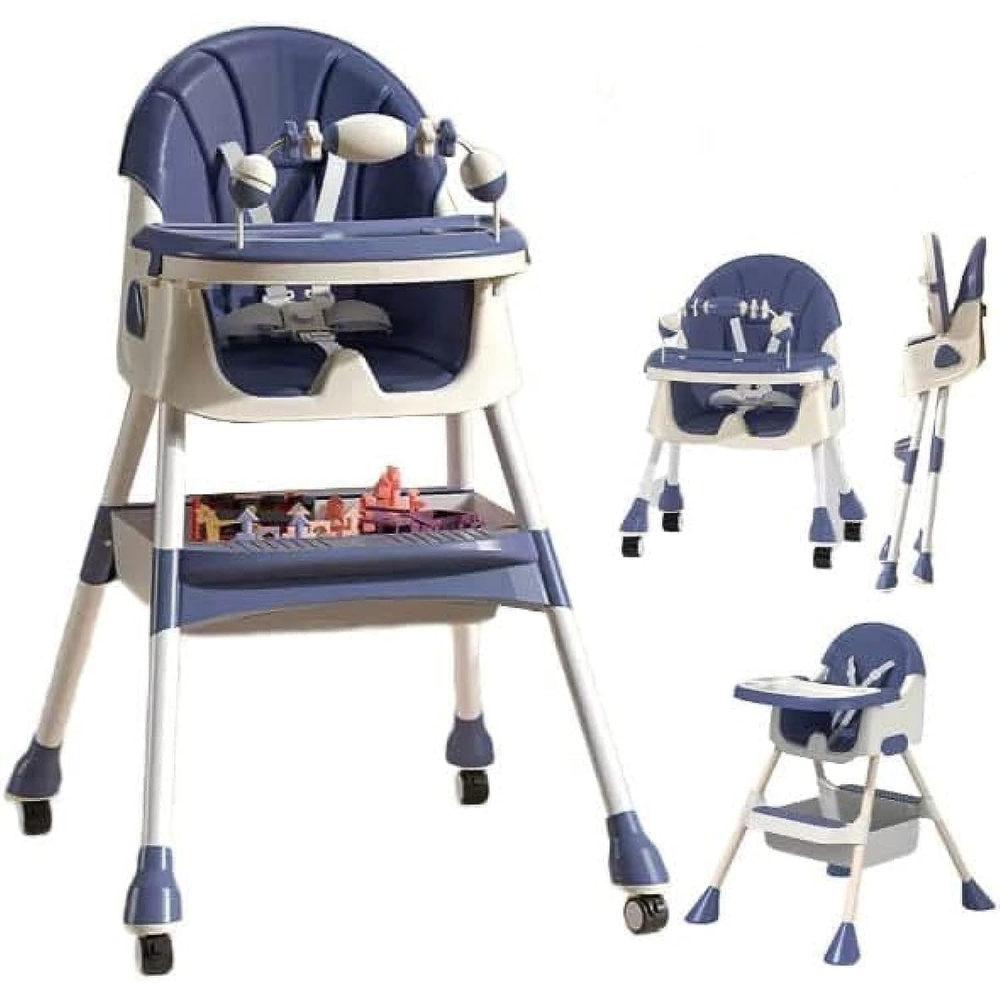 Scaun de masa 2in1, pentru copii de la 6 luni - 5 ani, inaltime reglabila, centura in 5 puncte, tava de masa, roti cu frana, cos depozitare, jucarie inclusa, 94 x 78 x 60 cm, albastru/alb [4]