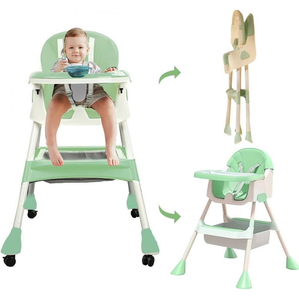 Scaun de masa 2in1, pentru copii de la 6 luni - 5 ani, inaltime reglabila, centura in 5 puncte, tava de masa, roti cu frana, cos depozitare, jucarie inclusa, 94 x 78 x 60 cm, verde [3]