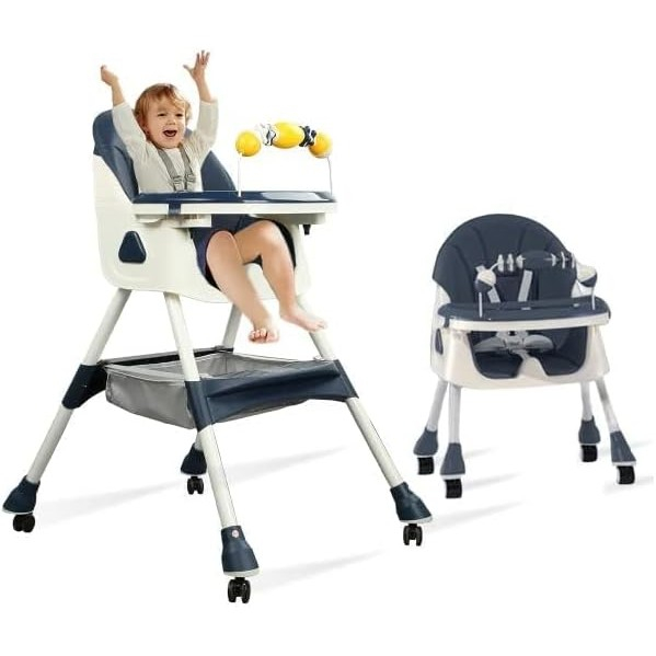 Scaun de masa 2in1, pentru copii de la 6 luni - 5 ani, inaltime reglabila, centura in 5 puncte, tava de masa, roti cu frana, cos depozitare, jucarie inclusa, 94 x 78 x 60 cm, albastru/alb [3]