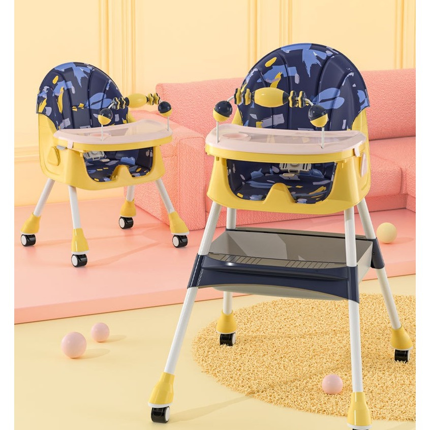 Scaun de masa 2in1, pentru copii de la 6 luni - 5 ani, inaltime reglabila, centura in 5 puncte, tava de masa, roti cu frana, cos depozitare, jucarie inclusa, 94 x 78 x 60 cm, albastru/galben [3]