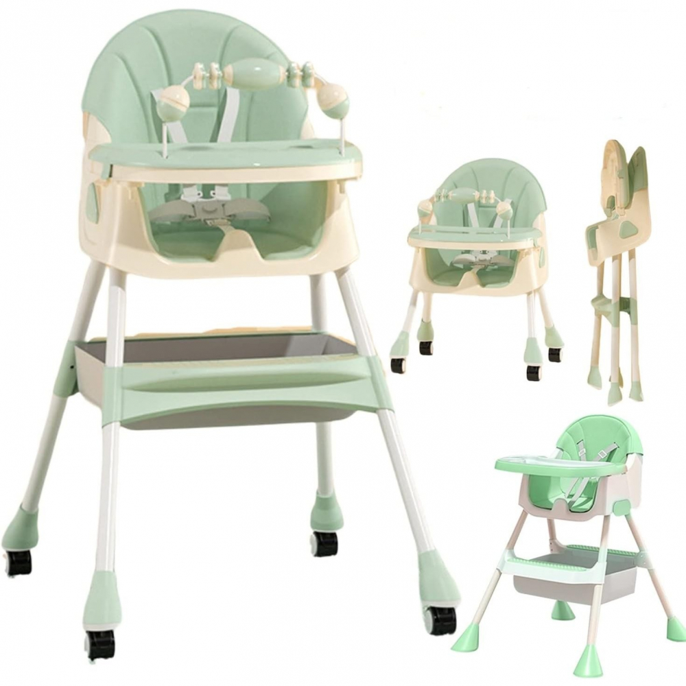 Scaun de masa 2in1, pentru copii de la 6 luni - 5 ani, inaltime reglabila, centura in 5 puncte, tava de masa, roti cu frana, cos depozitare, jucarie inclusa, 94 x 78 x 60 cm, verde [4]