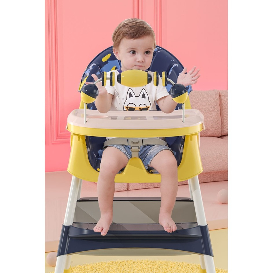 Scaun de masa 2in1, pentru copii de la 6 luni - 5 ani, inaltime reglabila, centura in 5 puncte, tava de masa, roti cu frana, cos depozitare, jucarie inclusa, 94 x 78 x 60 cm, albastru/galben [5]