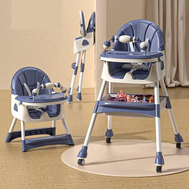 Scaun de masa 2in1, pentru copii de la 6 luni - 5 ani, inaltime reglabila, centura in 5 puncte, tava de masa, roti cu frana, cos depozitare, jucarie inclusa, 94 x 78 x 60 cm, albastru/alb [2]