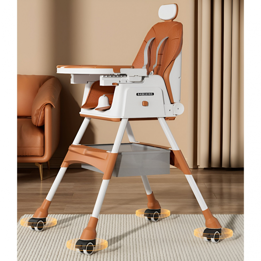 Scaun de masa pentru bebelusi si copii  cu roti, cu tetiera, telescopic, pliabil, masuta reglabila, suport picioare, scaun cu invelis piele artificiala, centura siguranta, spatiu depozitare, 97 x 73 x 65 cm, maro [6]