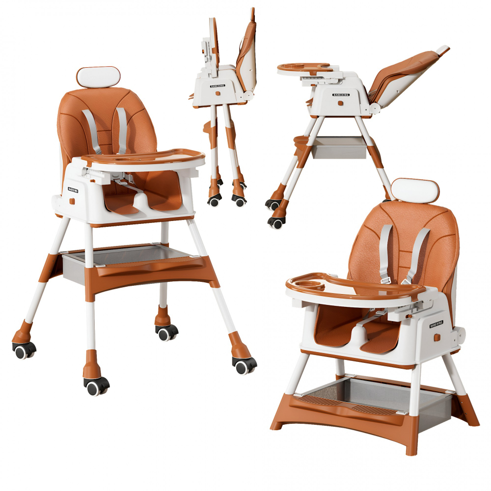Scaun de masa pentru bebelusi si copii  cu roti, cu tetiera, telescopic, pliabil, masuta reglabila, suport picioare, scaun cu invelis piele artificiala, centura siguranta, spatiu depozitare, 97 x 73 x 65 cm, maro [9]