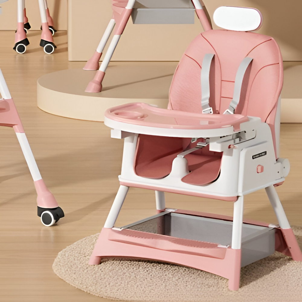 Scaun de masa pentru bebelusi si copii  cu roti, cu tetiera, telescopic, pliabil, masuta reglabila, suport picioare, scaun cu invelis piele artificiala, centura siguranta, spatiu depozitare, 97 x 73 x 65 cm, roz [4]