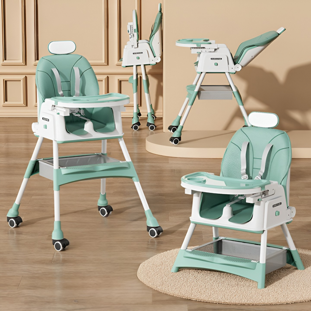 Scaun de masa pentru bebelusi si copii  cu roti, cu tetiera, telescopic, pliabil, masuta reglabila, suport picioare, scaun cu invelis piele artificiala, centura siguranta, spatiu depozitare, 97 x 73 x 65 cm, albastru [2]
