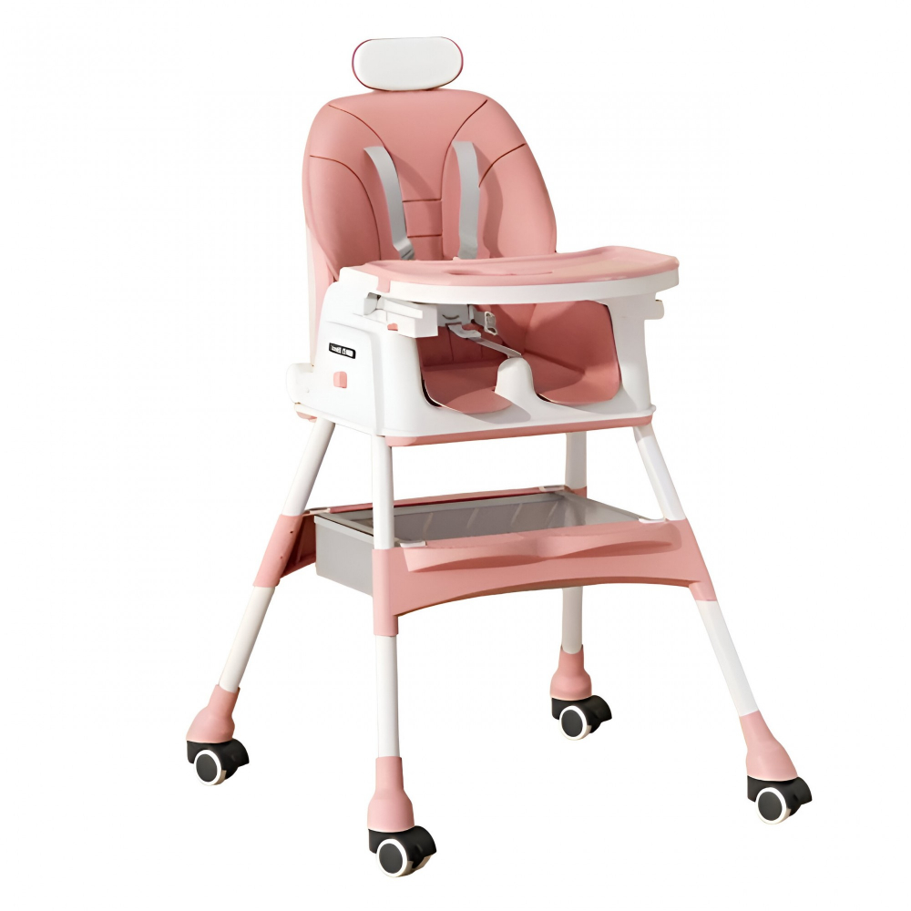 Scaun de masa pentru bebelusi si copii  cu roti, cu tetiera, telescopic, pliabil, masuta reglabila, suport picioare, scaun cu invelis piele artificiala, centura siguranta, spatiu depozitare, 97 x 73 x 65 cm, roz [1]
