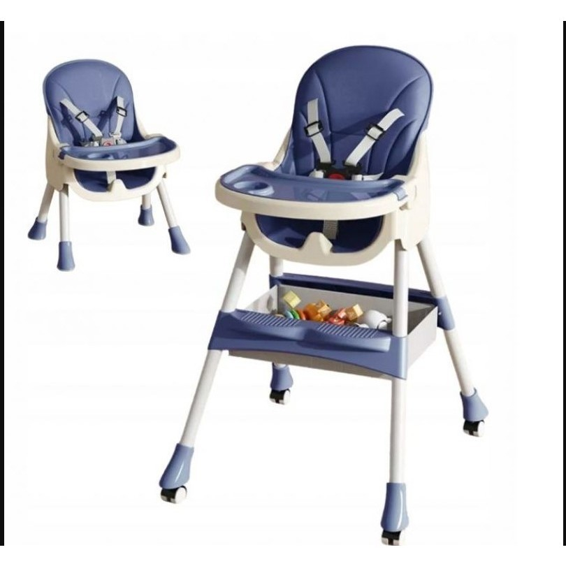Scaun de masa pentru bebelusi si copii, cu roti, telescopic, pliabil, masuta reglabila, suport picioare, scaun cu invelis piele artificiala, centura siguranta, spatiu depozitare, 97x73x65 cm, albastru [4]