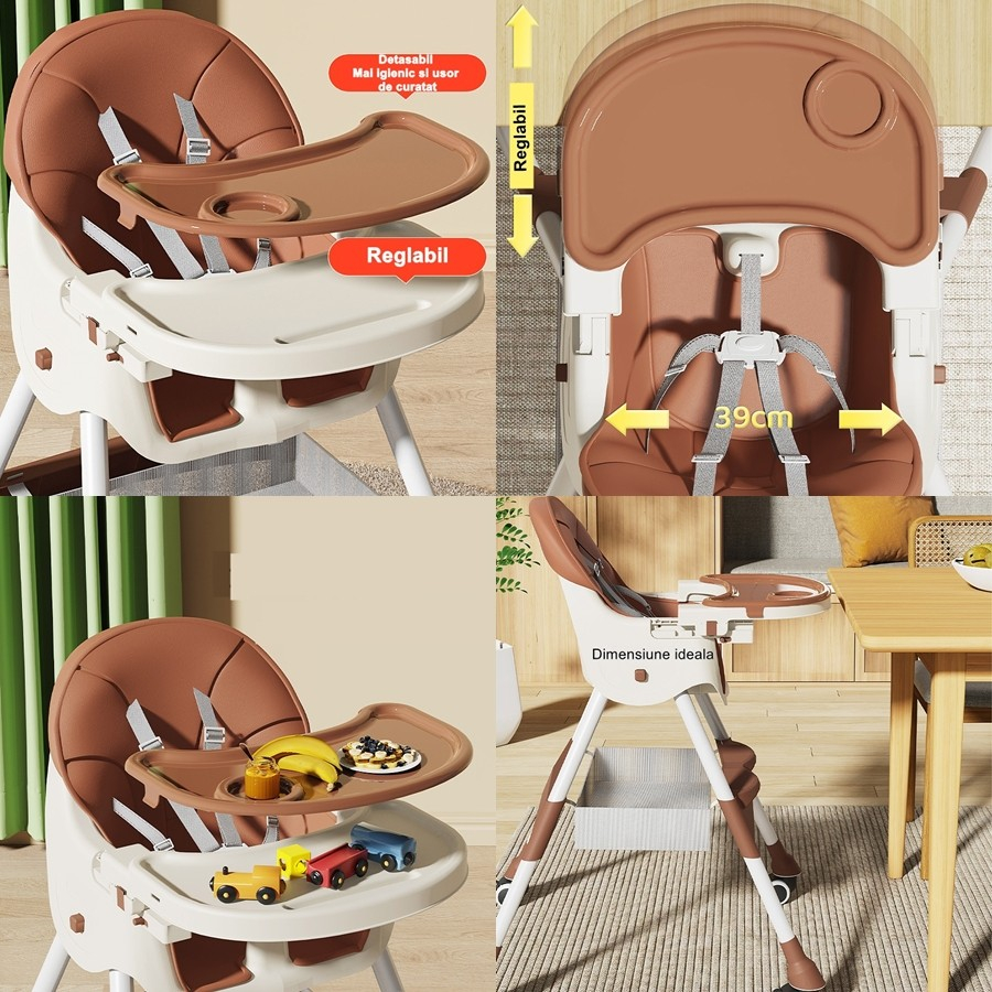 Scaun de masa pentru bebelusi si copii  cu roti, telescopic, pliabil, masuta reglabila, suport picioare, scaun invelis piele artificiala, centura siguranta, spatiu depozitare, 97 x 73 x 65 cm, maro [3]