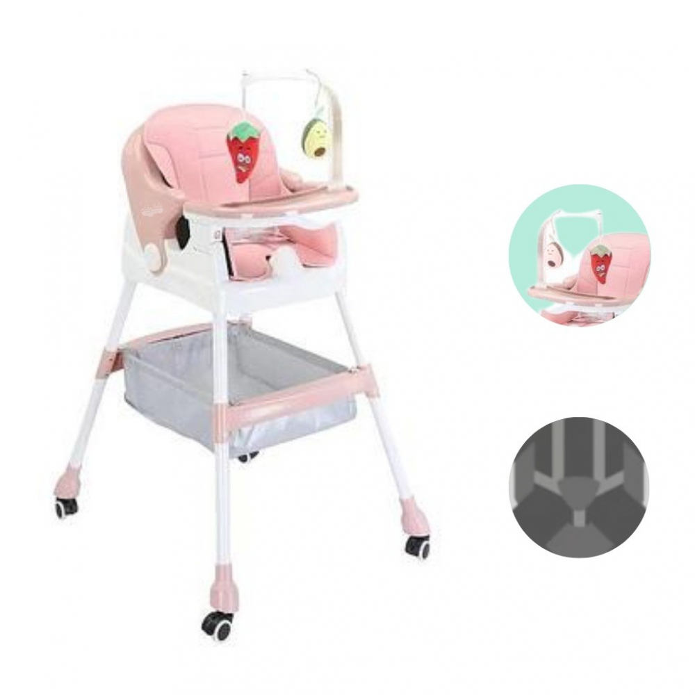 Scaun de masa pentru copii, multifunctional, pliabil, cu roti, cos de depozitare, din plastic, centura de siguranta, suport de agatat jucarii, 110 x 60 x 70 cm, roz [2]