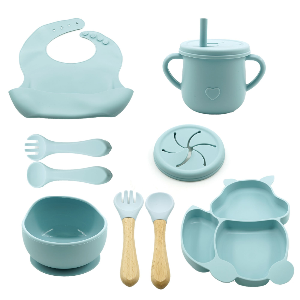 Set 10 piese diversificare bebelusi si copii din silicon  baveta, farfurie compartimentata cu ventuza, bol cu ventuza, tacamuri din lemn si silicon, cana pentru gustari, fara alergeni, baby blue [1]