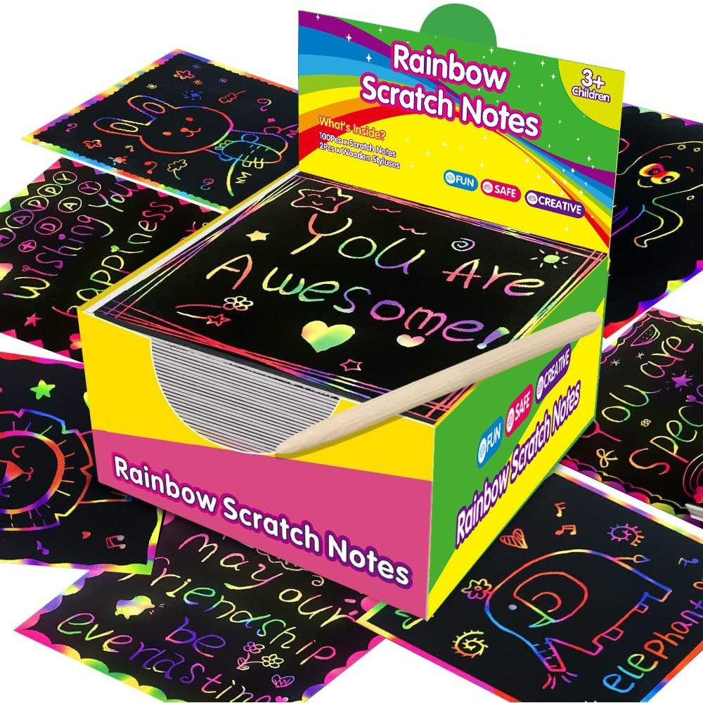 Set 100 de foi de hartie de razuit, cu creion din bambus, pentru desen, 8.5 x 8.5, curcubeu, negru [6]