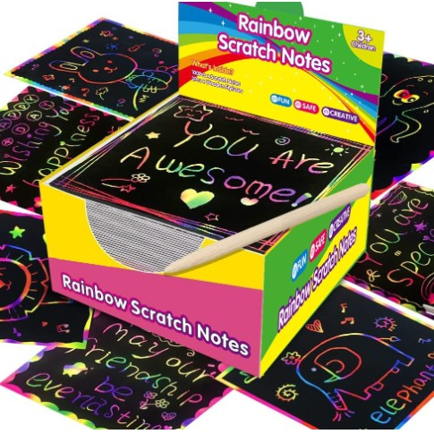 Set 100 de foi de hartie de razuit, cu creion din bambus, pentru desen, 8.5 x 8.5, curcubeu, negru [3]