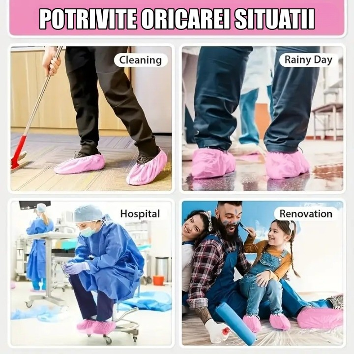 Set 100 huse de pantofi impermeabile de unica folosinta, universale, roz, pentru zile ploioase [4]