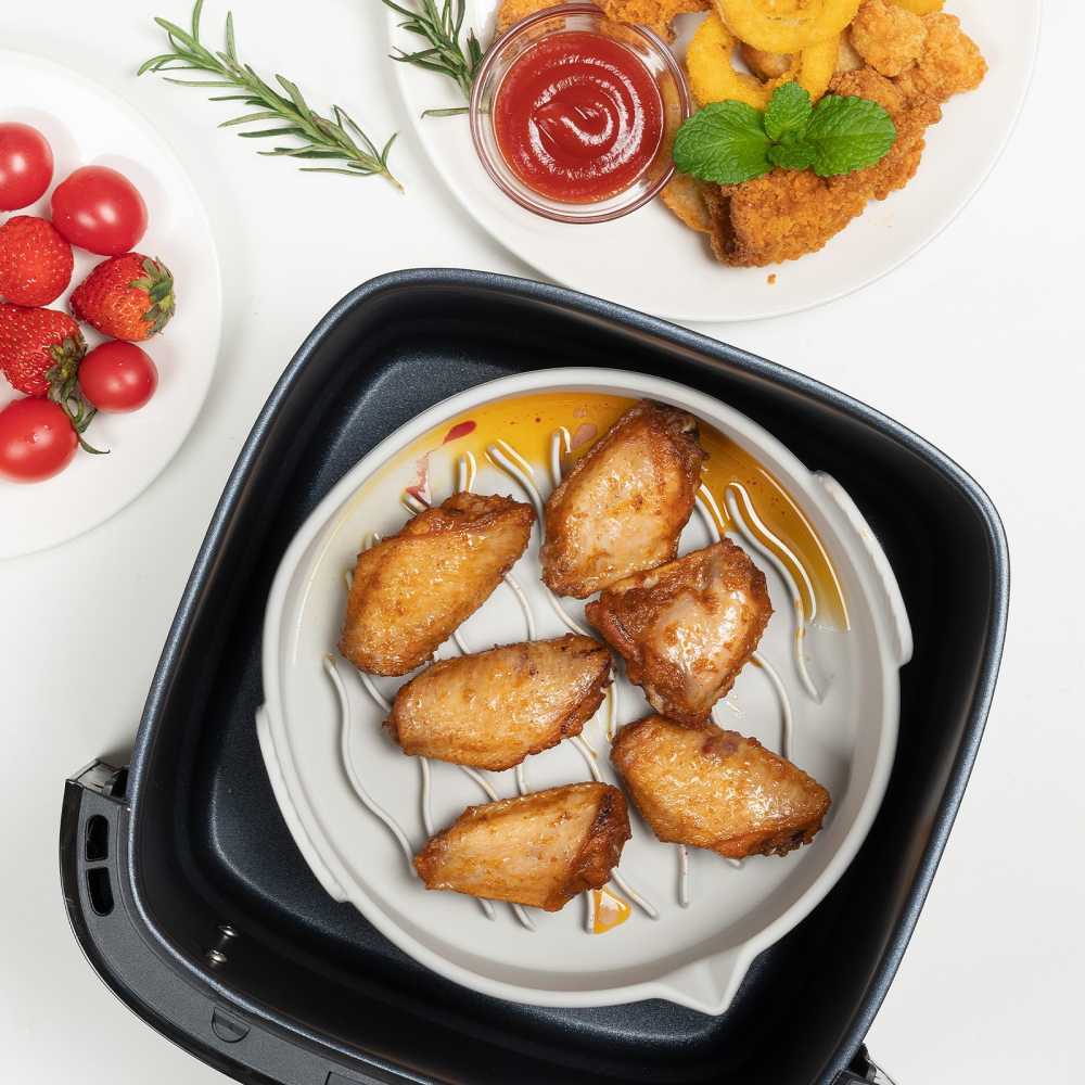 Set 2 tavi din silicon ecologic pentru air fryer  temperatura maxima 230 grade, reutilizabile, reciclabile, cu manere anti-alunecare, fund antiaderent, 18.7 x 19.5 x 7 cm, gri [8]