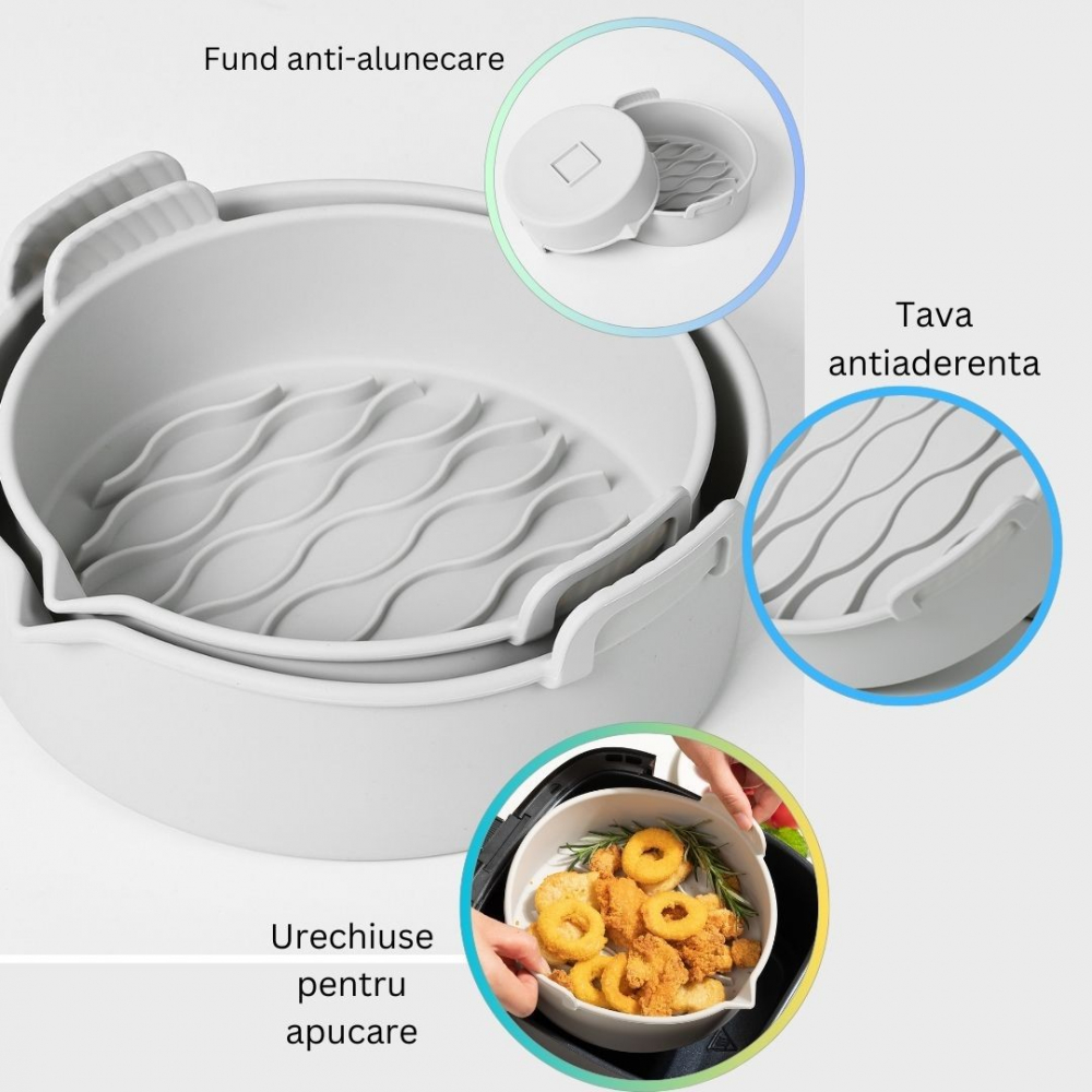 Set 2 tavi din silicon ecologic pentru air fryer  temperatura maxima 230 grade, reutilizabile, reciclabile, cu manere anti-alunecare, fund antiaderent, 18.7 x 19.5 x 7 cm, gri [2]