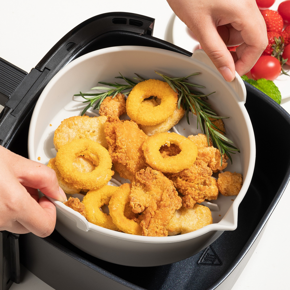 Set 2 tavi din silicon ecologic pentru air fryer  temperatura maxima 230 grade, reutilizabile, reciclabile, cu manere anti-alunecare, fund antiaderent, 18.7 x 19.5 x 7 cm, gri [7]