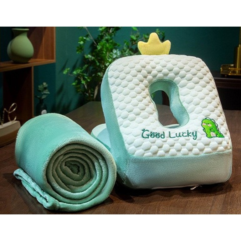 Set 2in1 patura microfibra si perna din spuma, pentru birou, calatorii, pauze, model dinozaur, microfibra, 1x1.7 m, 30x35x30 cm, verde [3]