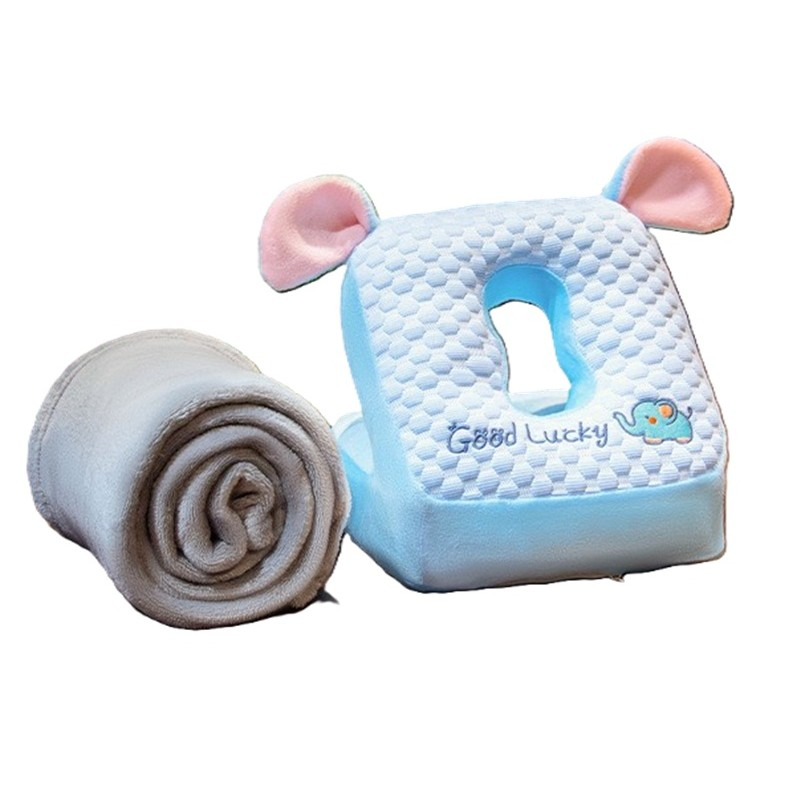 Set 2in1 patura microfibra si perna din spuma, pentru birou, calatorii, pauze, model elefant, microfibra, 1x1.7 m, 30x35x30 cm, albastru [1]