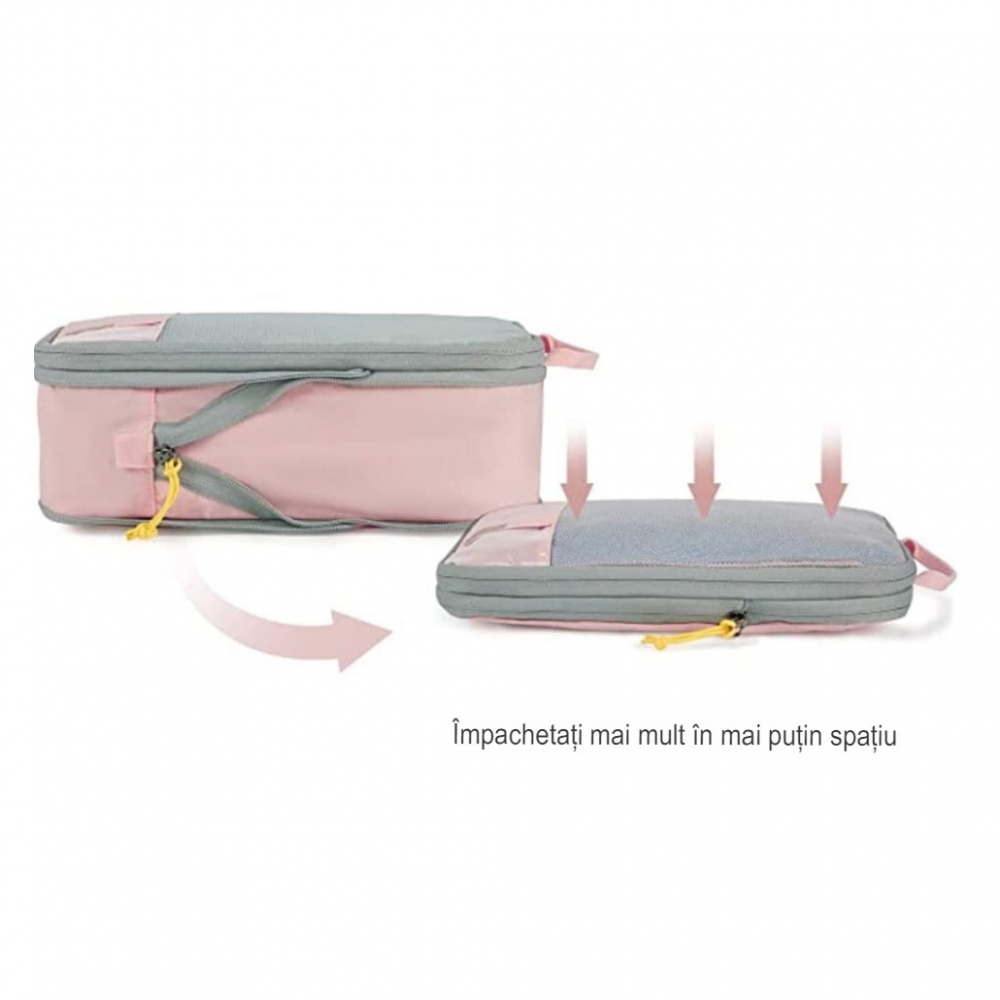 Set 3 genti de calatorie  pentru depozitare, compresibile, 3 dimensiuni, mic, mediu, mare, impermeabile, fermoar dublu, roz [19]