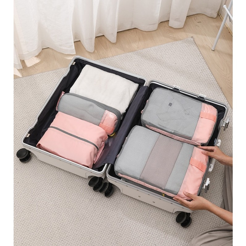 Set 3 genti de calatorie  pentru depozitare, compresibile, 3 dimensiuni, mic, mediu, mare, impermeabile, fermoar dublu, roz [16]