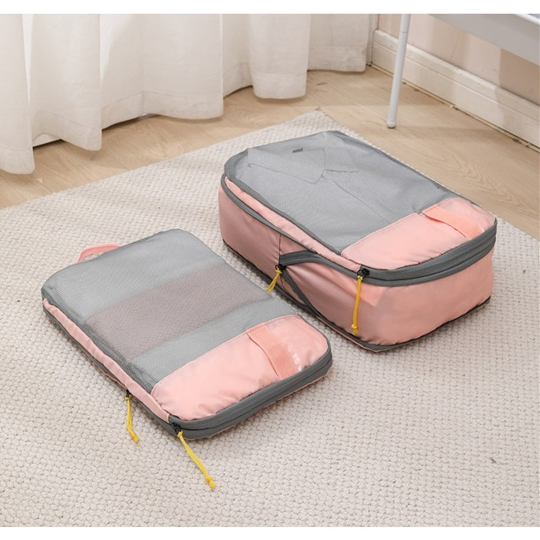 Set 3 genti de calatorie  pentru depozitare, compresibile, 3 dimensiuni, mic, mediu, mare, impermeabile, fermoar dublu, roz [15]