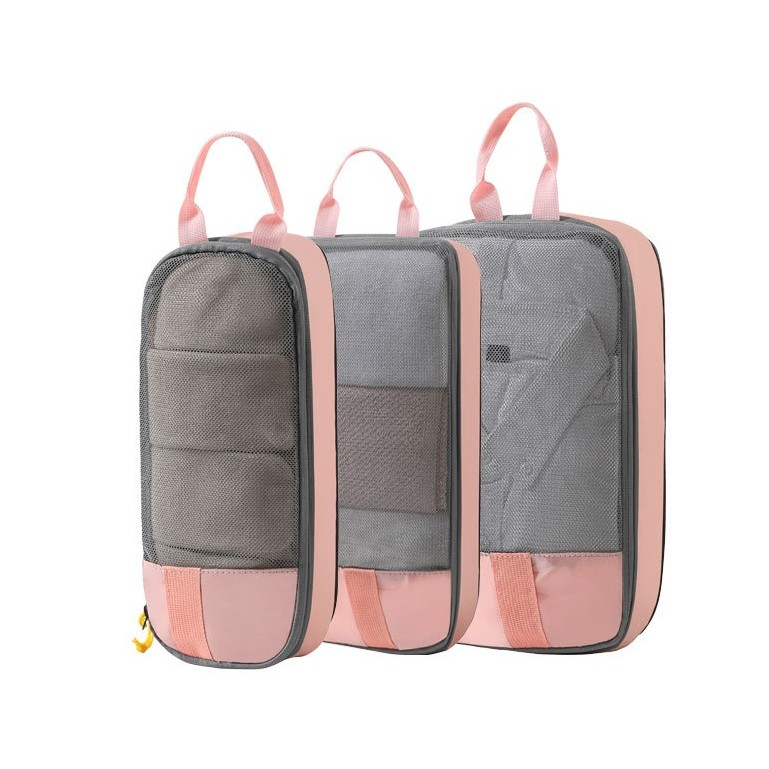 Set 3 genti de calatorie  pentru depozitare, compresibile, 3 dimensiuni, mic, mediu, mare, impermeabile, fermoar dublu, roz [18]