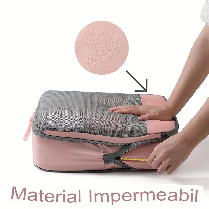 Set 3 genti de calatorie  pentru depozitare, compresibile, 3 dimensiuni, mic, mediu, mare, impermeabile, fermoar dublu, roz [10]