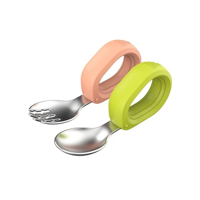 Set 3 piese diversificare bebelusi si copii, bol, lingura si furculita, model broscuta, din silicon si otel inoxidabil, verde [7]