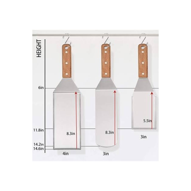 Set 3 spatule pentru gratar  din metal, margini subtiri, suprafata antiaderenta, rezistente la temperaturi ridicate, maner ergonomic din lemn, 3 forme, agatatoare, gri [7]