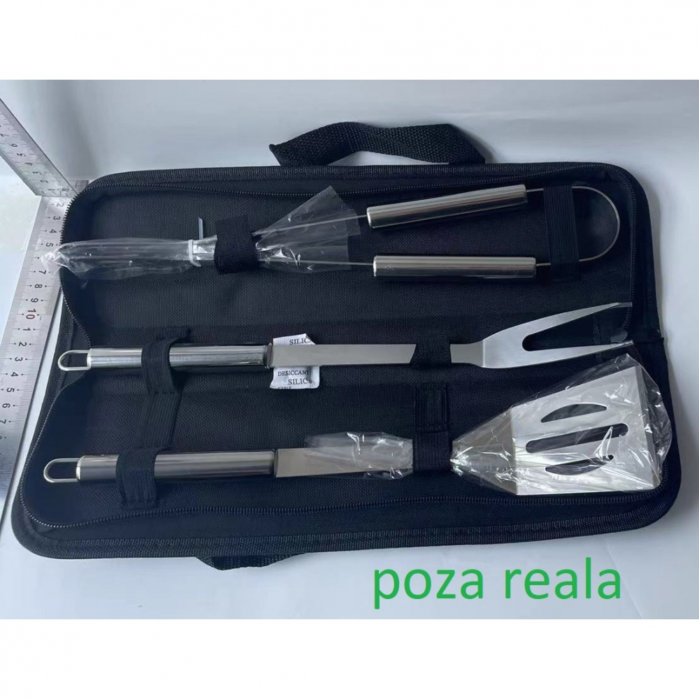 Set 3 ustensile pentru gratar, din otel inoxidabil, geanta oxford, argintiu [2]