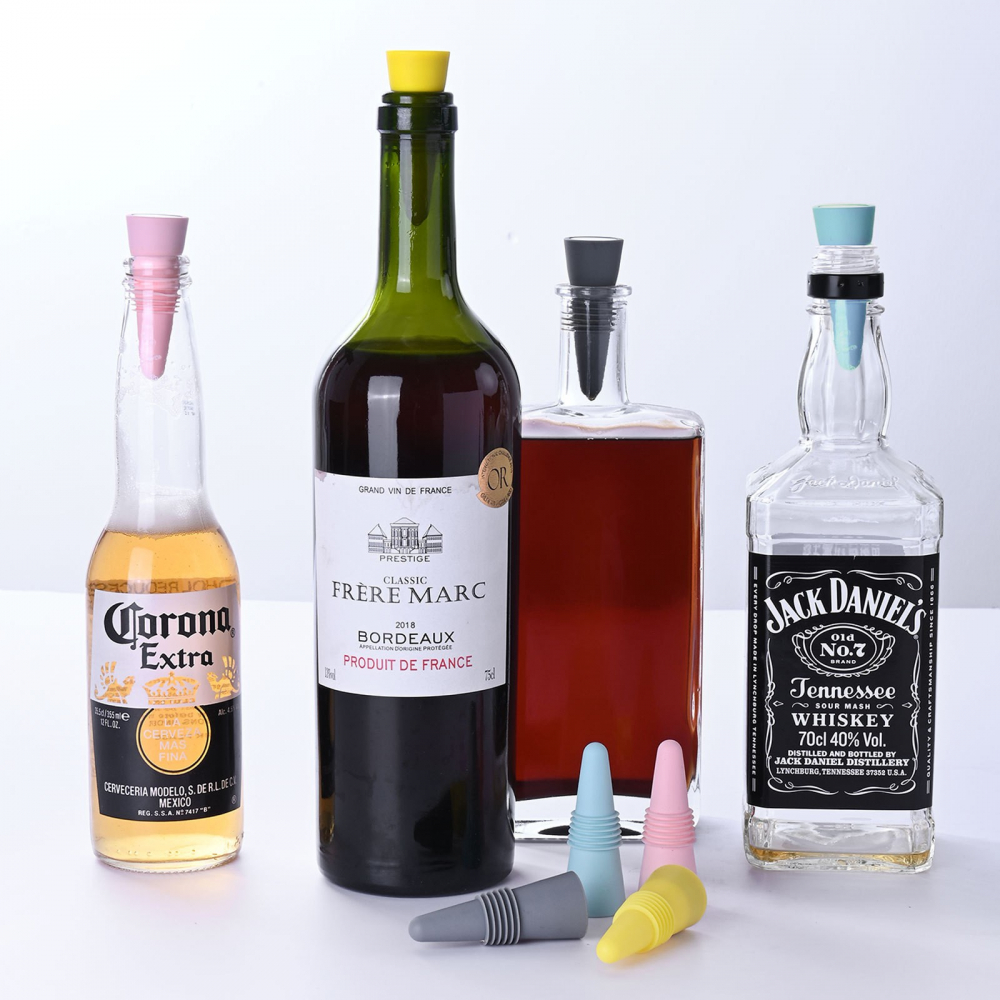 Set 4 dopuri reutilizabile din silicon  pentru sticle de vin, bautura, multicolor [4]