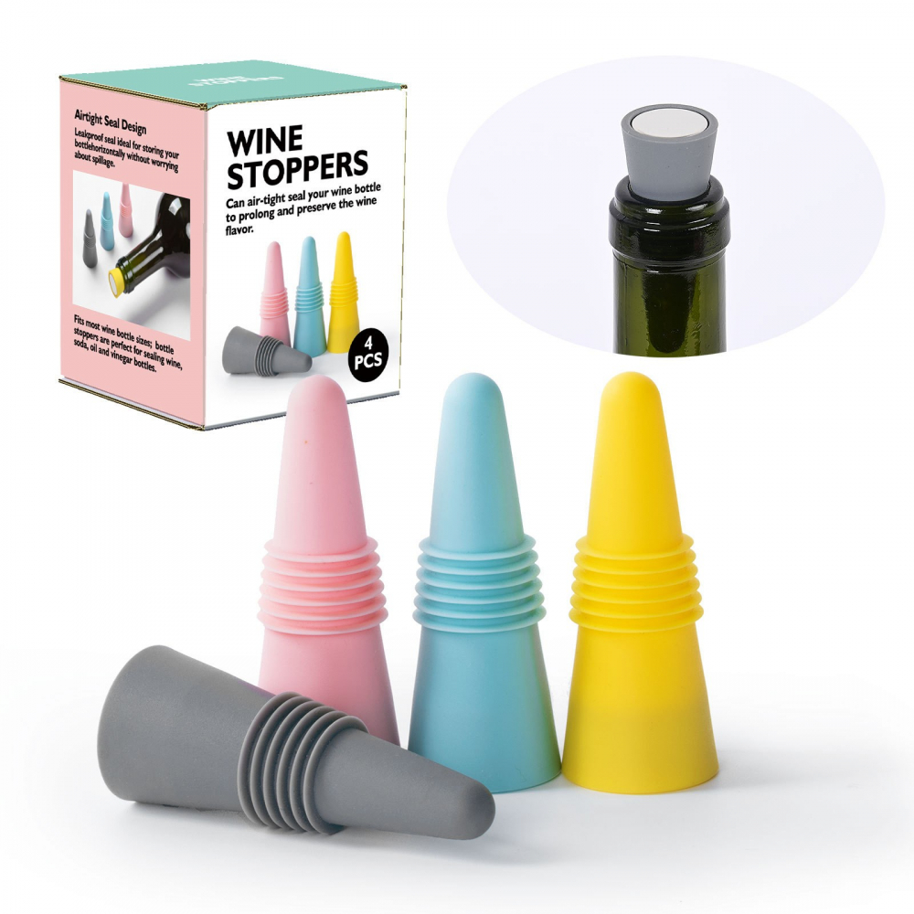 Set 4 dopuri reutilizabile din silicon  pentru sticle de vin, bautura, multicolor [5]