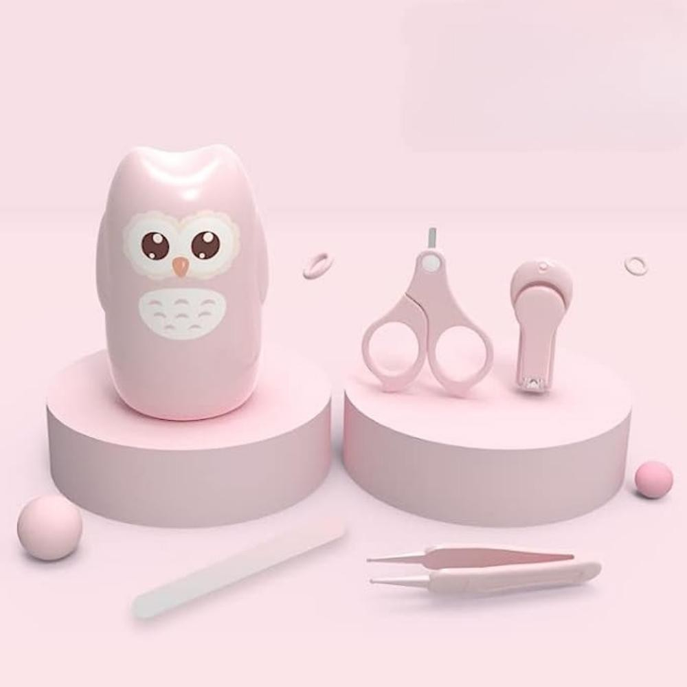 Set 4 piese ingrijire unghii bebelusi, din abs+otel inoxidabil, cutie de depozitare tip bufnita, de la 0 luni, 11.5 x 5 x 11.5 cm, roz [4]