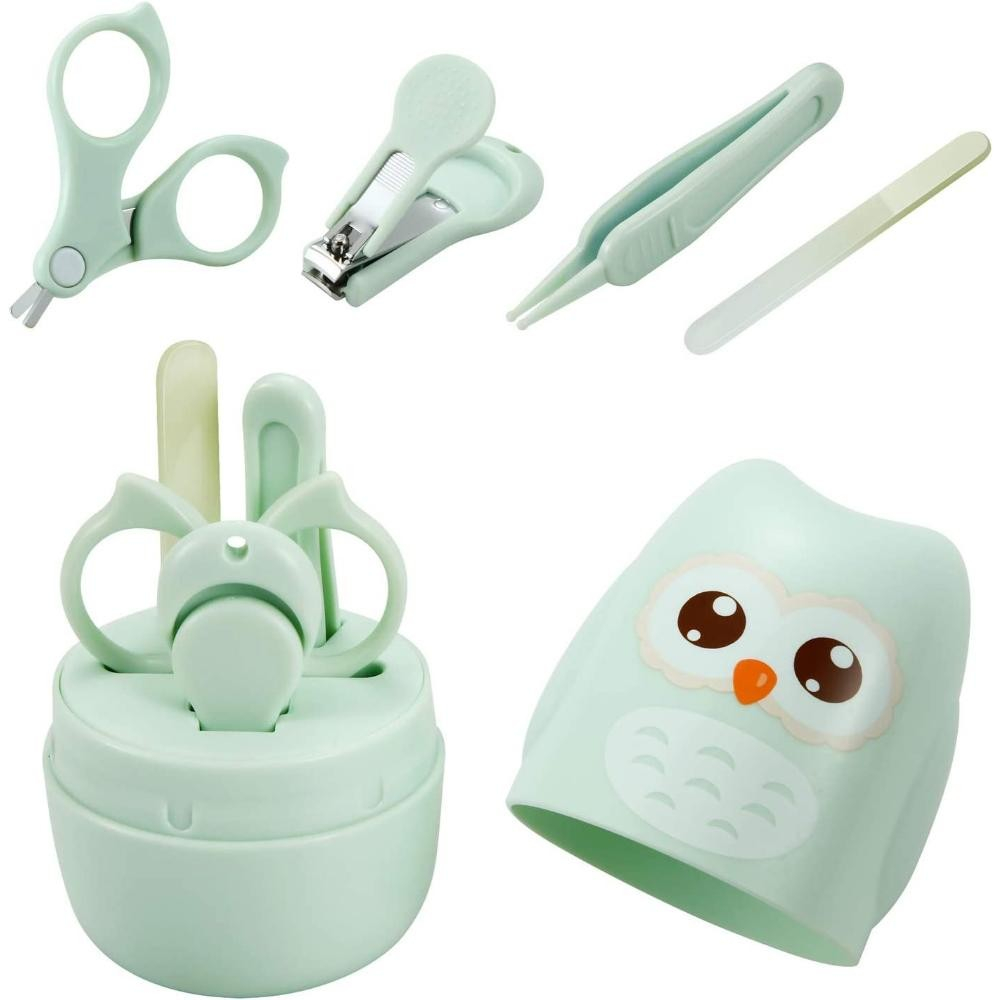 Set 4 piese ingrijire unghii bebelusi, din abs+otel inoxidabil, cutie de depozitare tip bufnita, de la 0 luni, 11.5 x 5 x 11.5 cm, verde [4]