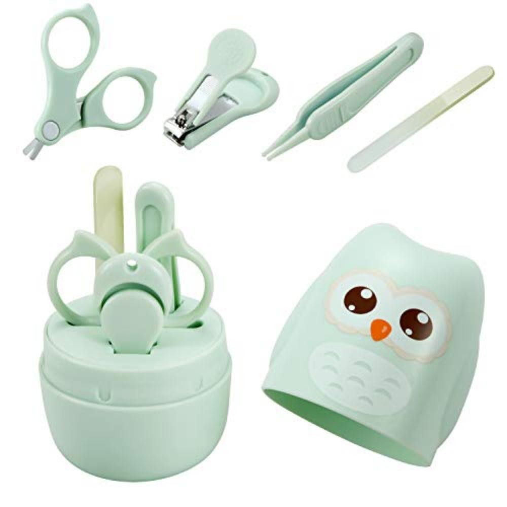 Set 4 piese ingrijire unghii bebelusi, din abs+otel inoxidabil, cutie de depozitare tip bufnita, de la 0 luni, 11.5 x 5 x 11.5 cm, verde [5]