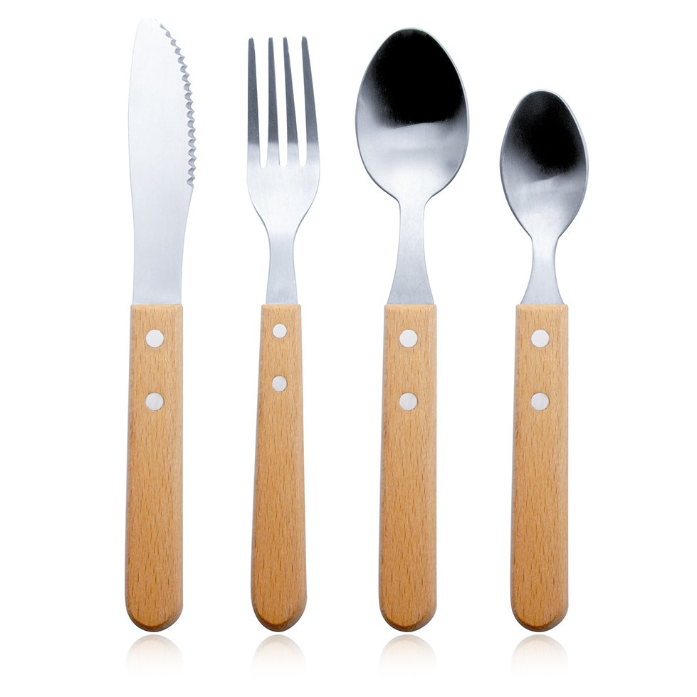 Set 4 tacamuri pentru masa  otel 304, lingura, lingurita desert, cutit, furculita, maner din lemn de fag, 20 x 4 x 2 cm, gri [5]