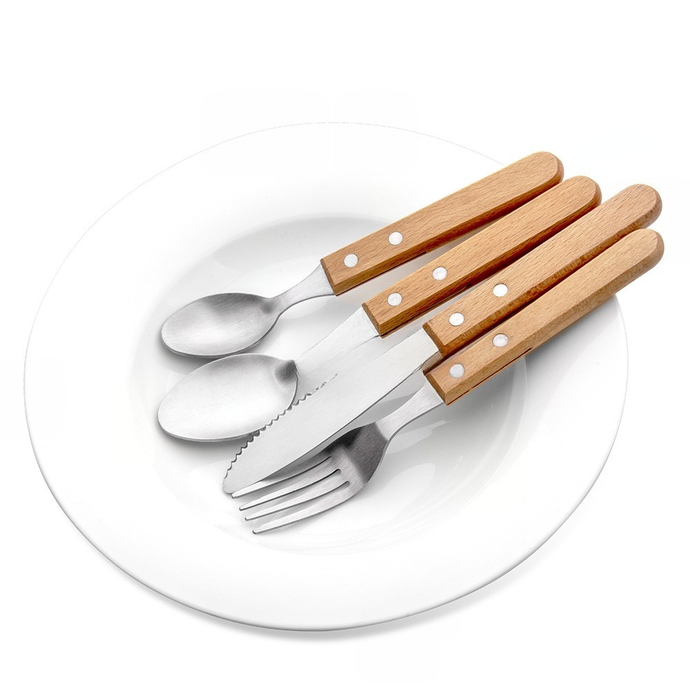 Set 4 tacamuri pentru masa  otel 304, lingura, lingurita desert, cutit, furculita, maner din lemn de fag, 20 x 4 x 2 cm, gri [2]