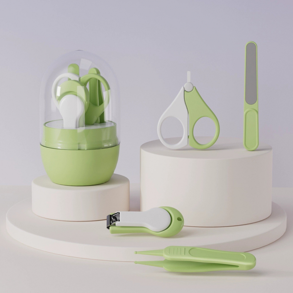 Set 4in1 de ingrijire unghii pentru bebelusi, cutie de depozitare tip borcan, 0-6 ani, 10 x 7 x 6 cm, verde [2]