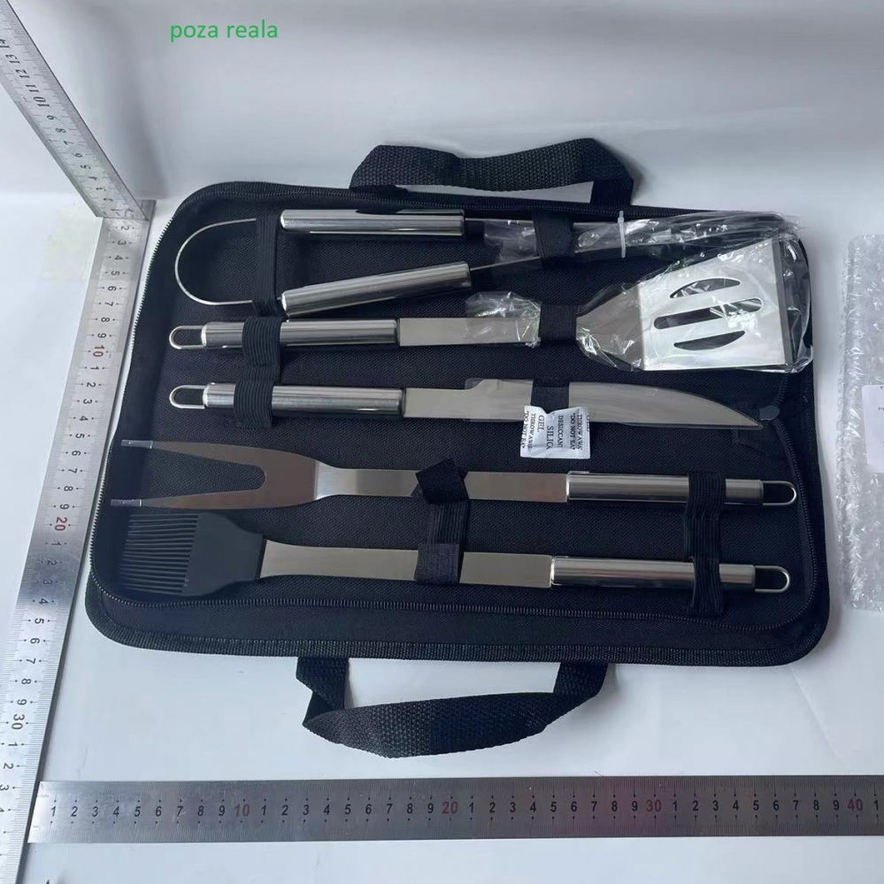 Set 5 ustensile pentru gratar, din otel inoxidabil, geanta oxford, argintiu [2]