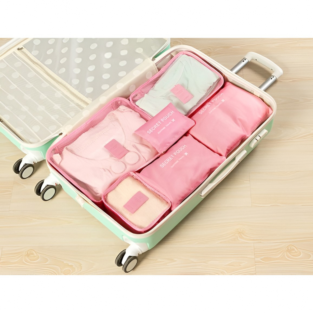 Set 6 genți de calatorie, pentru depozitare, impermeabile, organizator, multifuncționale, design cu plasa, pliabile, fermoar, dimensiuni diferite, roz [3]