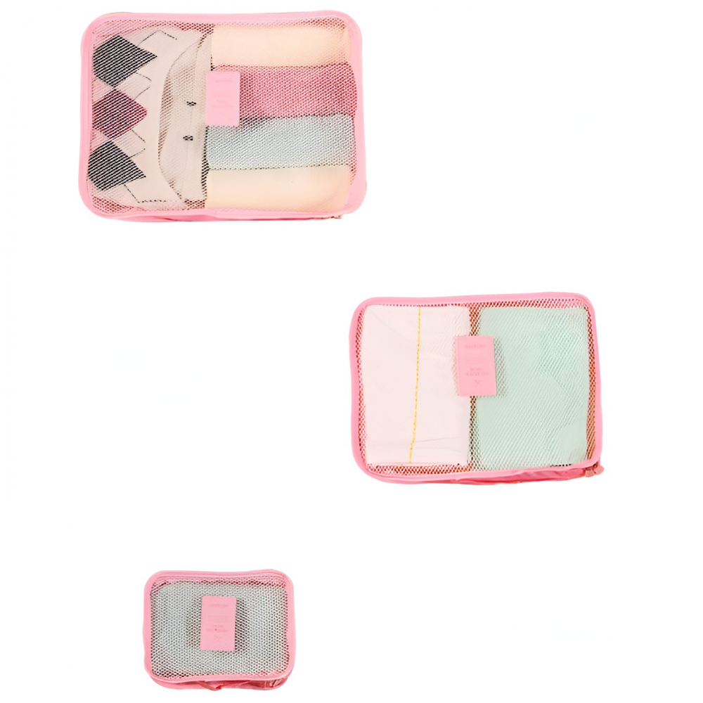 Set 6 genți de calatorie, pentru depozitare, impermeabile, organizator, multifuncționale, design cu plasa, pliabile, fermoar, dimensiuni diferite, roz [5]