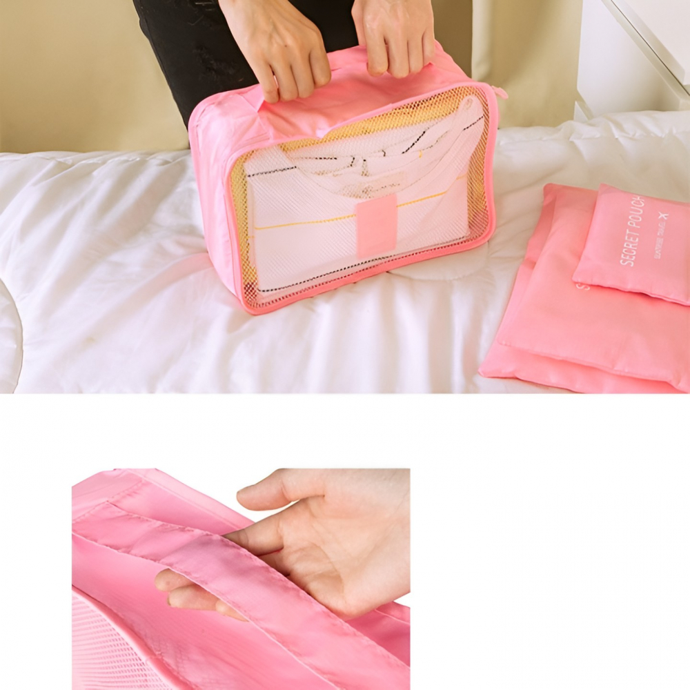 Set 6 genți de calatorie, pentru depozitare, impermeabile, organizator, multifuncționale, design cu plasa, pliabile, fermoar, dimensiuni diferite, roz [7]