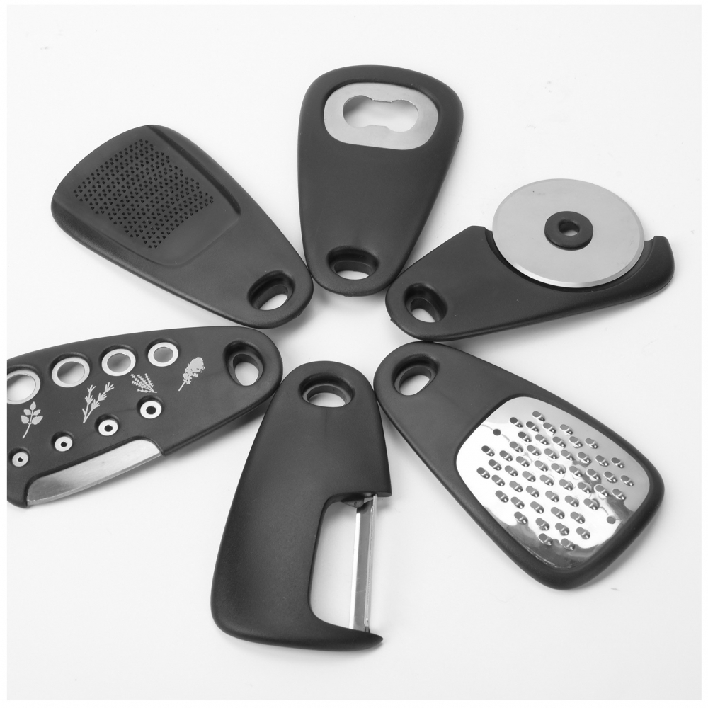 Set 6 in 1 mini ustensile bucatarie  taietor pizza, cutit, curatator, razatoare, desfacator, presa usturoi, manere din abs, lame ascutite din otel inoxidabil, 7.1 x 12.9 x 4.8 cm,  negru [10]