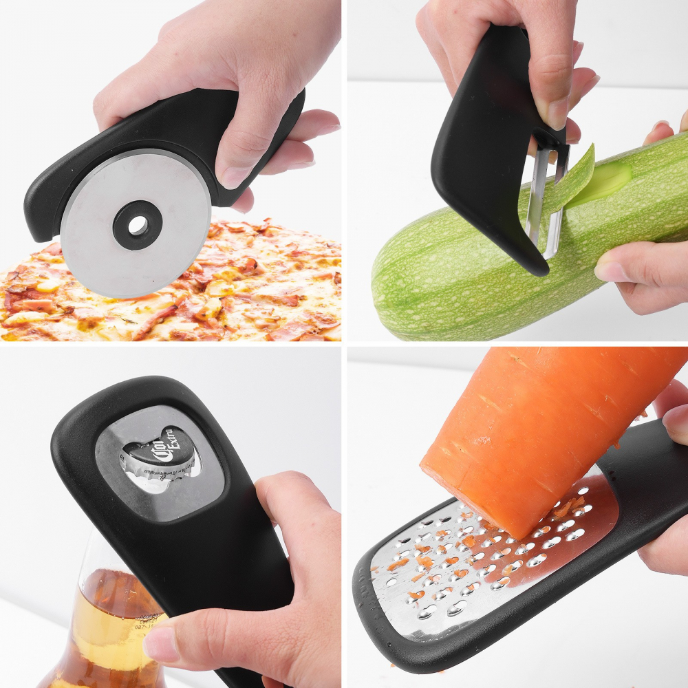 Set 6 in 1 mini ustensile bucatarie  taietor pizza, cutit, curatator, razatoare, desfacator, presa usturoi, manere din abs, lame ascutite din otel inoxidabil, 7.1 x 12.9 x 4.8 cm,  negru [12]