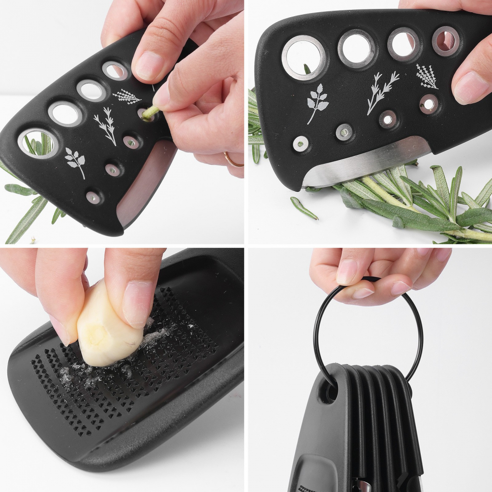 Set 6 in 1 mini ustensile bucatarie  taietor pizza, cutit, curatator, razatoare, desfacator, presa usturoi, manere din abs, lame ascutite din otel inoxidabil, 7.1 x 12.9 x 4.8 cm,  negru [13]