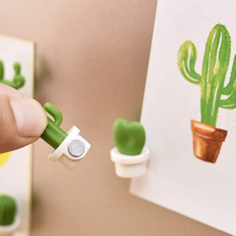 Set 6 magneti de frigider, model cactusi in ghiveci, din abs si magnet, verde/alb [11]